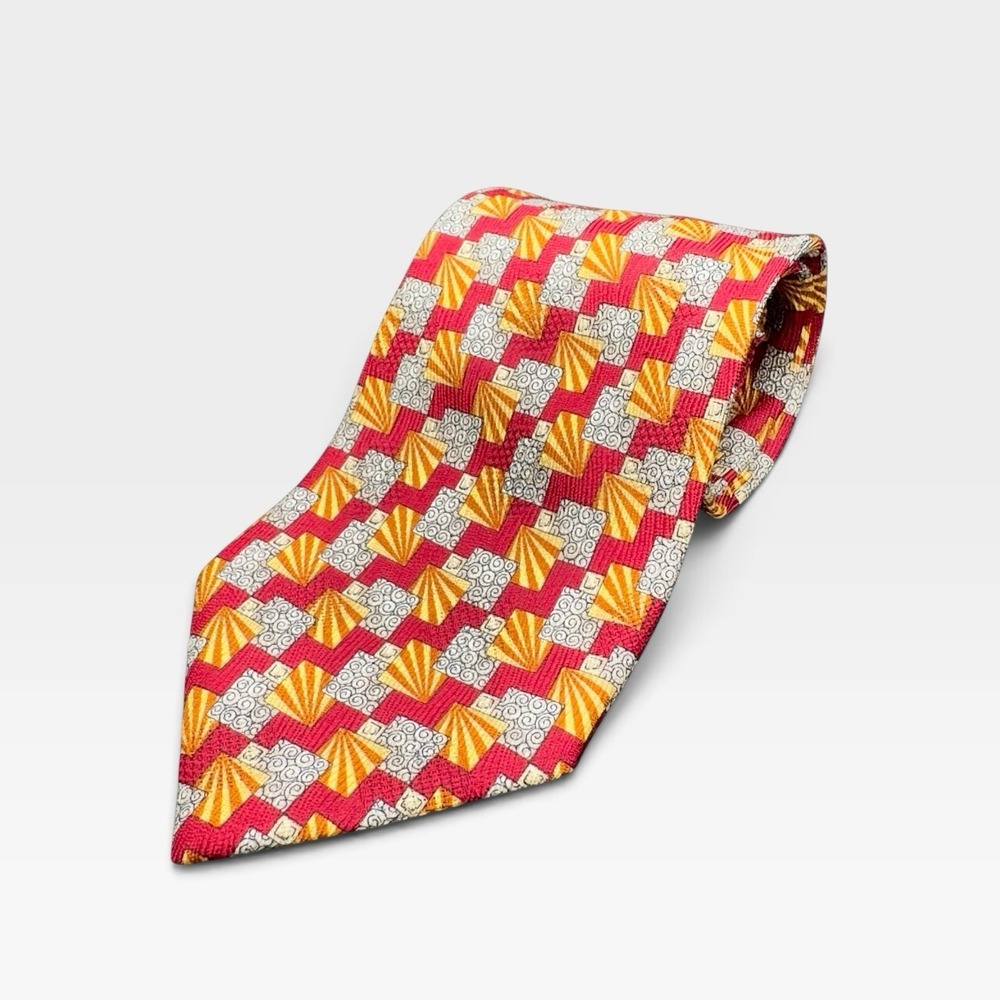 Ermenegildo Zegna Silk Tie Red Gold Silver Art Deco Geometric Fan Necktie 3.75"